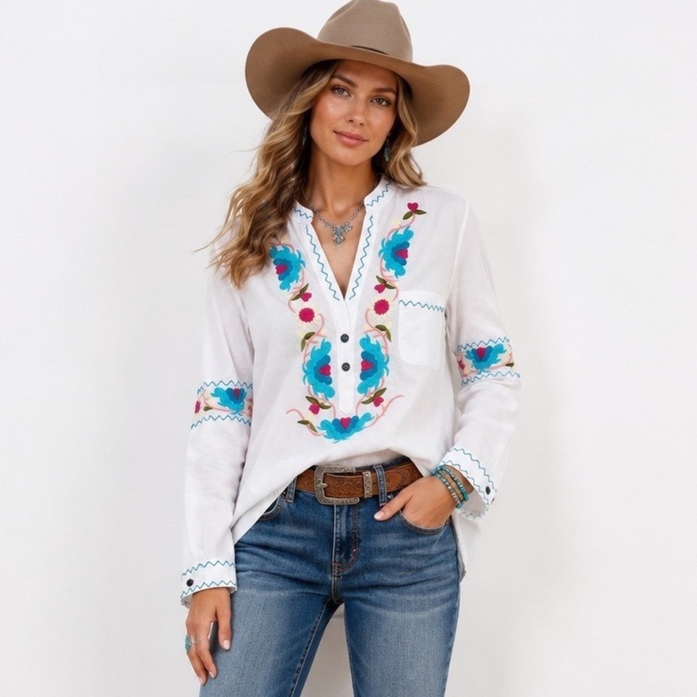 Tasha Polizzi Top S White Embroidered Floral Western Boho Cotton Tunic Blouse